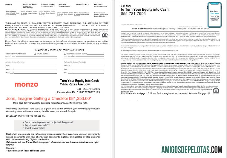 Extrato de empréstimo hipotecário do Monzo Bank do Reino Unido em formatos Word e PDF, (2) exemplo real